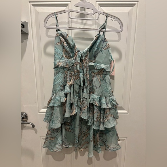 Hello MOLLY BUST TIE RUFFLE TRIM DRESS LEAF PRINT MINT - Picture 2 of 5